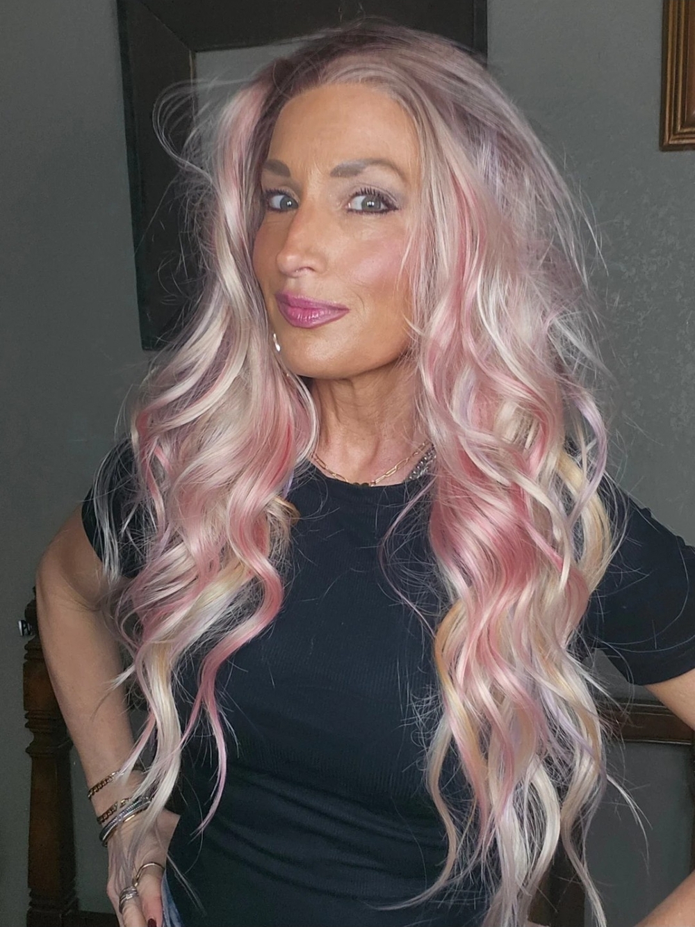 Long Wavy Synthetic Wig in Pink Blonde Blend by Carkira/Boss Crowns
